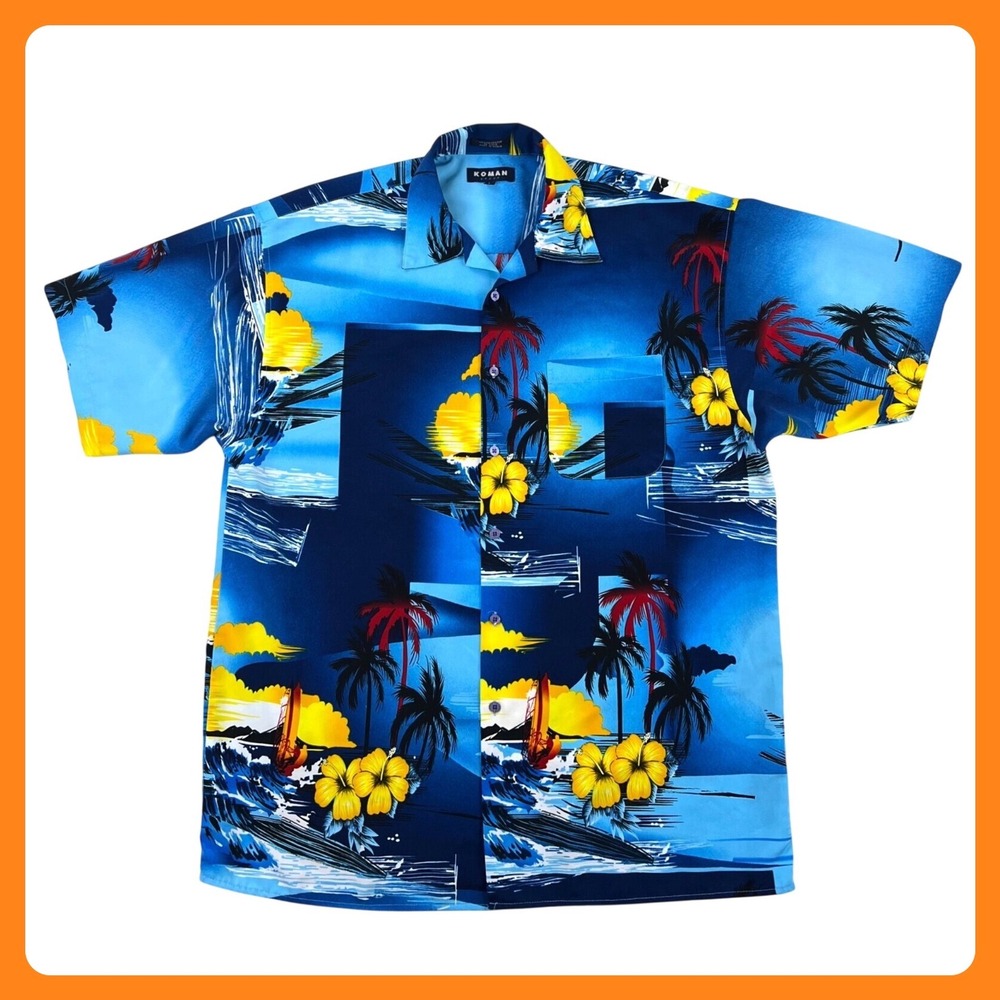 Koman Sport Vintage Hawaiian Shirt Men Large Blue Tropical Palm Relaxed Camp